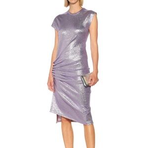 Paco Rabanne Asymmetric Ruched Stretch-Lurex Dress in Purple